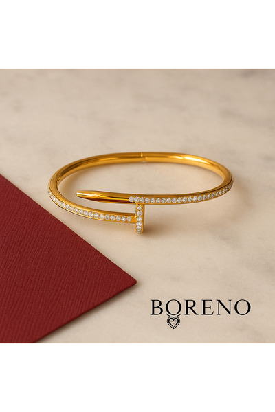 BORENO Kadın Zirkon Taş Detay Çivi Model Kelepçe Paslanmaz Çelik Üzeri Altın ...