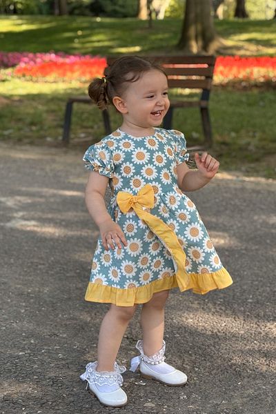ALYRA Baby Girl Dress Short Sleeve Floral Bow Casual Special Occasion Linen Summer Girl's Dress