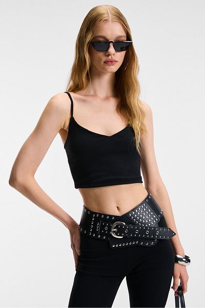 GRIMELANGE Lumina Women's Slim Fit Strap Slim Crop Black Tank Top