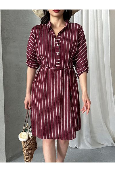 MD trend Γυναικείο ριγέ φόρεμα με κουμπιά Midi μήκους