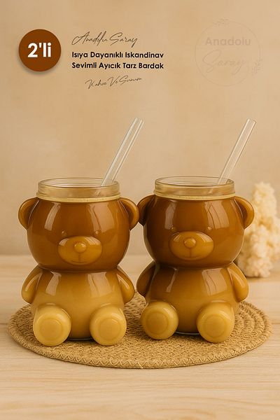 Anadolu Saray 2 Pcs Heat Resistant Scandinavian Cute Teddy Bear Style Cups |   Coffee and Presentation Cup