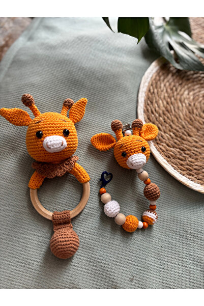 Aia&Co Amigurumi Sevimli Zürafa Emzik Zinciri Diş Kaşıyıcı Çıngırak 2'li Set