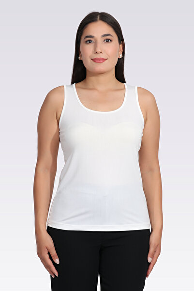 TOLGA SARAÇOĞLU 10966 Ecru Shiny Fabric Knitted Tank Top