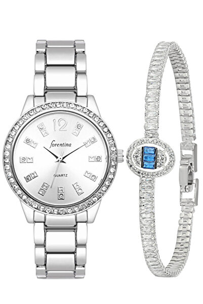 Forentina Gri Metal Kol Saati-Mavi Taşlı Baget Bileklik PS4086