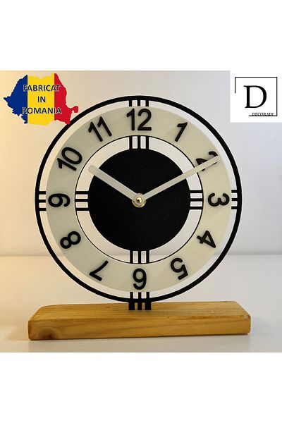 OEM Decorative clock "Echoes of Time" with natural wooden base, 22.5 cm, black/white, 3D printed