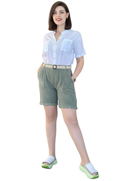 GÜLDEN KATRAN Linen Shorts with Belted Pocket Detail