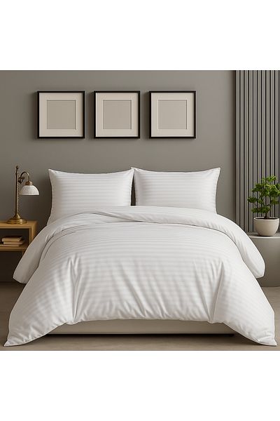 Prime Sleeks Double Striped Satin Duvet Cover Set, 200X220Cm, White