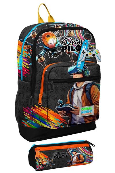 Coral High Set rucsac cu patru ochi și suport pentru stilou pentru băieți de școală primară - pilot de dronă negru