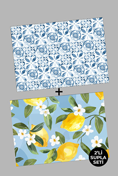EsnafAli Mavi Beyaz Limon Çiçek Desenli 2'li Supla Amerikan Servisi Seti
