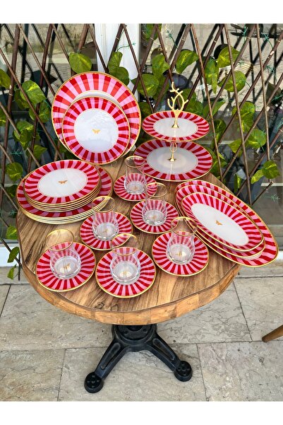 GÜRCÜGLASS Pembe kelebek 28 prç kahvaltı seti