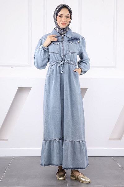 İmajButik Μπλε τζιν φόρεμα με δεμένη μέση και μπροστινό φερμουάρ