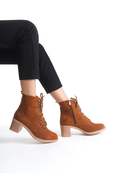 Genel Markalar LENA Bağcıklı Fermuarlı Ortopedik Taban Topuklu Süet Kadın Bot - Taba