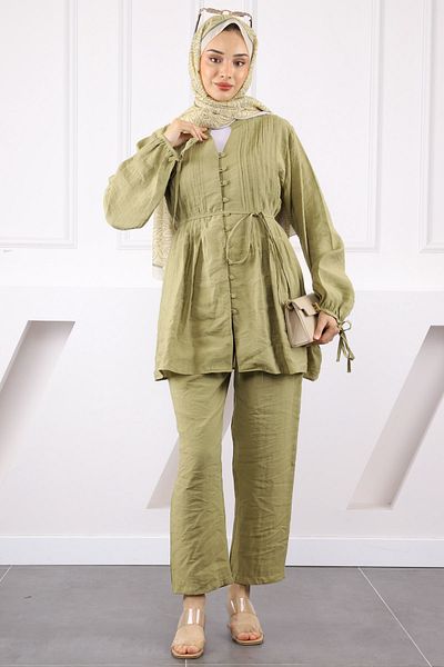 İmajButik Set pantaloni tunică cu nervuri kaki