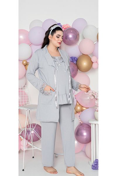 JENİKA Maternity Long-Sleeved Collar Openable Button Lace and Ruffle Detailed 3-Piece Pajama Set