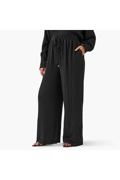 Ulla Popken Plus Size Ulla Popken Textured Regular Fit Pants with Pockets