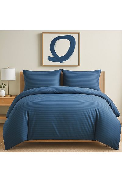 Prime Sleeks Комплект завивка от сатен с двойни райета, 200x220 см, индиго