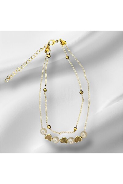 Vitastyle 2-Piece Chain Steel Anklet with Pearl and Heart Model Topcuklu
