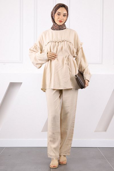 İmajButik Beige Waist Drawstring Tunic Pants Modal Suit