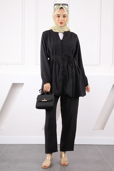 İmajButik Black Ribbed Tunic Pants Suit