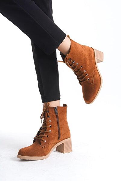 Genel Markalar LENA Bağcıklı Fermuarlı Ortopedik Taban Topuklu Süet Kadın Bot - Taba