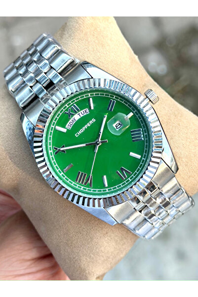 pierrose Gümüş Çelik Kordon Yeşil Kadran Çift Takvimli Erkek Kol Saati