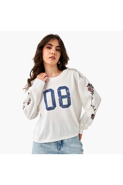 Lee Cooper Embroidered Varsity Print T-shirt with Crew Neck