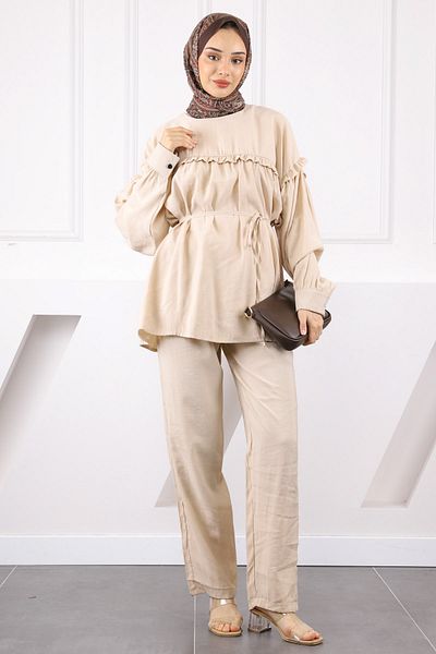 İmajButik Beige Waist Drawstring Tunic Pants Modal Suit
