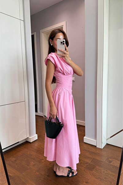 FMN Butik pinterest muadil geniş çan etek bele oturan midi tasarım şık yazlık kısa kollu uzun drapeli elbise