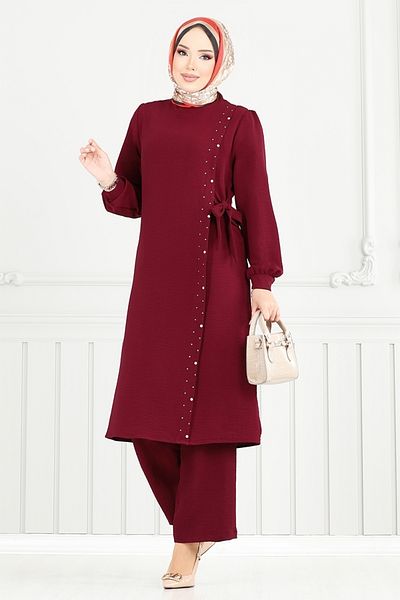 ModaMerve Side Lace Aerobin Suit 9145Pl940-M Claret Red