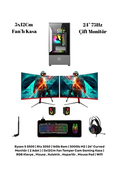 RAMTECH BİLGİSAYAR RMT1706 | RTX 3050 | Ryzen 5 5500 | 16GB Ram | 500GB M2 SSD | 24" 75Hz 2 Monitörlü Full Gaming Set