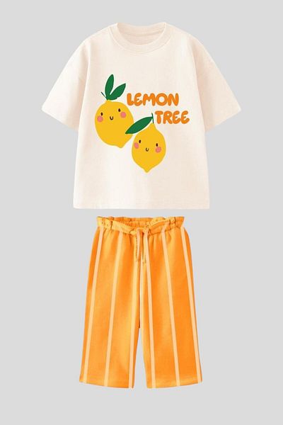 Magu Girls' Cotton Ecru Lemon Patterned "Lemon Tree" Printed T-Shirt and Orange Striped Trousers Set