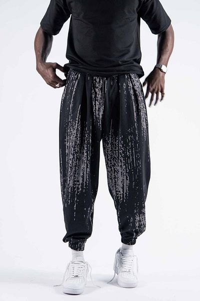 Superbluemexico Men's Stripe Patterned Loose Black Baggy Trousers