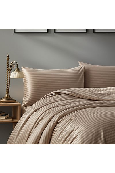 Prime Sleeks Σετ Παπλωματοθήκη Διπλό Ριγέ Σατέν, 200x220cm, Καπουτσίνο