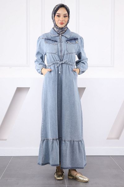 İmajButik Μπλε τζιν φόρεμα με δεμένη μέση και μπροστινό φερμουάρ