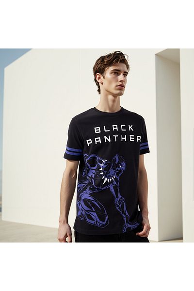 FAV Black Panther Print T-shirt with Crew Neck and Short Sleeves