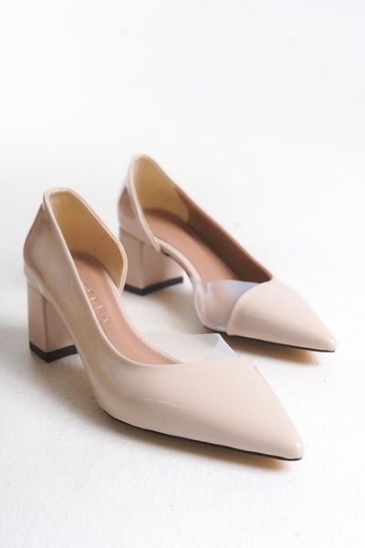 Niloshka Fabio Beige Patent Leather Transparent Detailed Stiletto Shoes