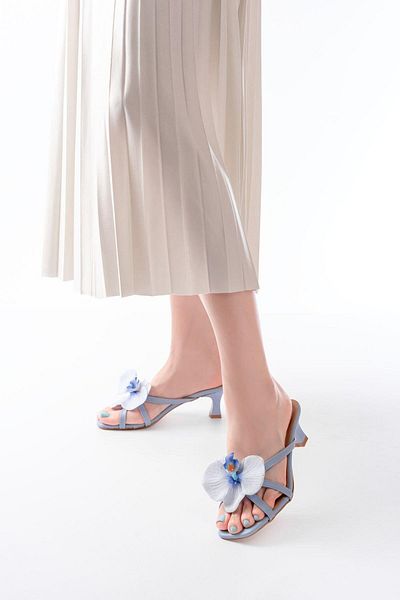 Aymood S-622 Baby Blue Orchid Detailed Thin Heeled Women's Slippers