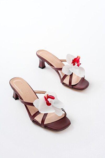 Aymood S-622 Burgundy Orchid Detailed Thin Heeled Women's Slippers