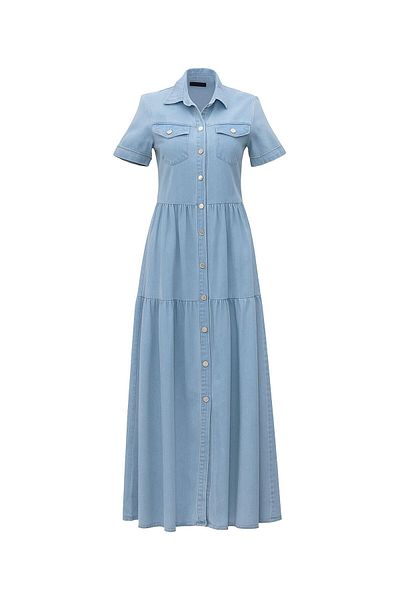 Sezgi Tekin Full Button Short Sleeve Midi Ice Blue Denim Dress