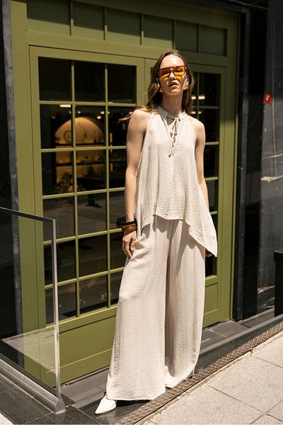 My Blog Stone Viscose Blouse Wide Leg Trousers Set - 51182