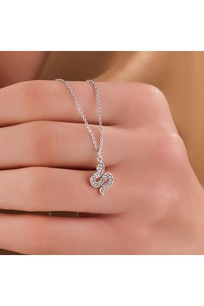 HOBİSY GIFT SHOP Minimal Necklace with Snake Figure and Zircon Stone – Silver Color, Strong and Stylish Design