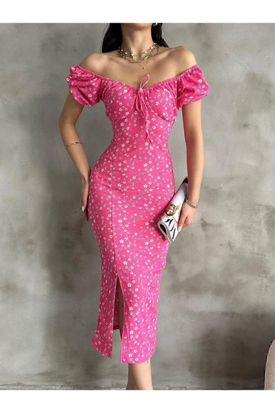 Mandlyz Rochie de vară cu imprimeu floral, mâneci bufante și detaliu despicat