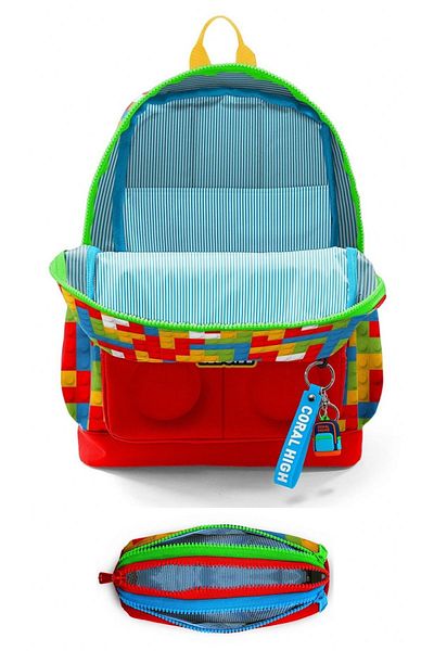 Coral High Primary School Boy's Four-Eye Backpack and Pen Holder Set - Red Building Blocks