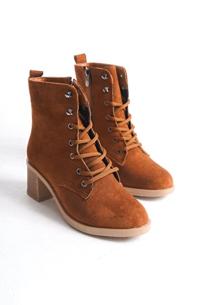 Genel Markalar LENA Bağcıklı Fermuarlı Ortopedik Taban Topuklu Süet Kadın Bot - Taba