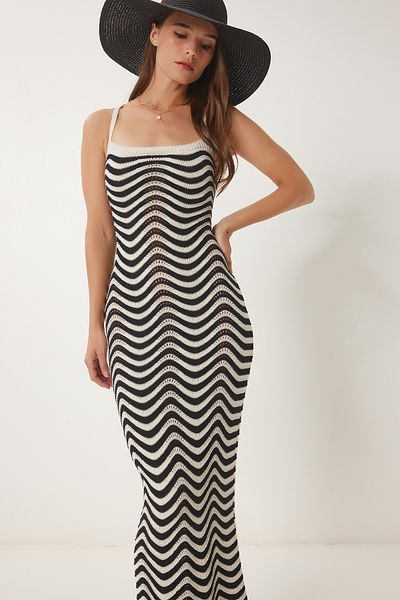 Lovelyİstanbul Strappy Back Low-Cut Summer Knitwear Dress Cream Black Ler0010