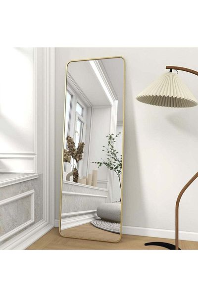 huitich Aluminum Alloy Frame Floor Mirror With Stand Gold 155 x 45 cm