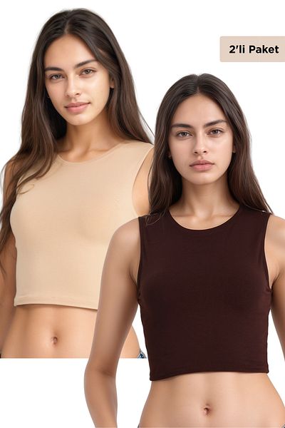 Soweto Beige-Brown 2 Pack Cotton, Lycra Crop Crew Neck Sleeveless Undershirt