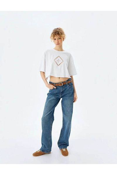 Koton Embroidery Detailed Crop Ecru Women's T-Shirt 5Sal10250Ik