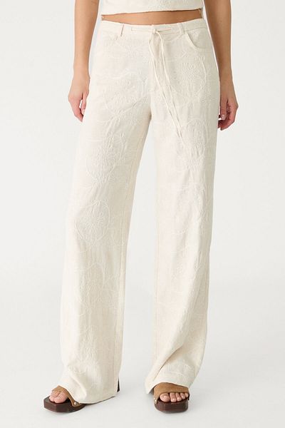 Stradivarius Linen blend embroidered straight-leg trousers