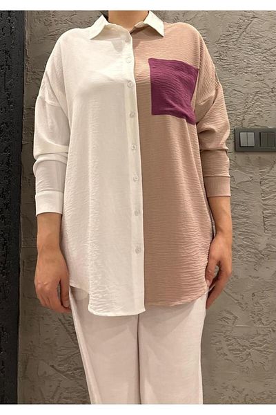 Pasaklı Giyim Women's White Plum Beige Color Detailed Back Long Long Sleeve Draped Tunic Shirt 3071230